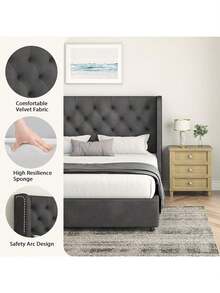 Modern Velvet Upholstered Bed Frame With Curved Wingback Design, Wooden Platform Bed Frame For Bedroom,No Box Spring Needed, Easy Assembly, Full Bed Frame/ Queen Bed Frame/ King Bed Frame/ Full Size Bed Frame/ Queen Size Bed Frame/ King Size Bed Frame,Pink/ White/ Grey - Dark Grey - View 5