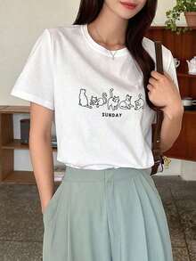 Camiseta con gráfico de dibujos animados y letras, estilo preppy - Blanco - Ver 7