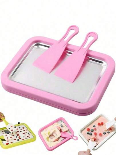 1set 3pcs Ice Cream Maker Set, Home Ice Cream Roller Machine With Freezing Tray And 2 Scrapers, DIY Ice Cream Tray, Stainless Steel Frozen Dessert Maker, Suitable For Beverage Making, Milk Tea Shops, Home Cocktails, Summer Drinks, Coffee Machines, Beverage Enthusiasts, Party Catering, Making Refreshing Creative Specialty Drinks, Ice Cream Maker, Shaved Ice, Ice Cream, Italian Ice Cream Machine