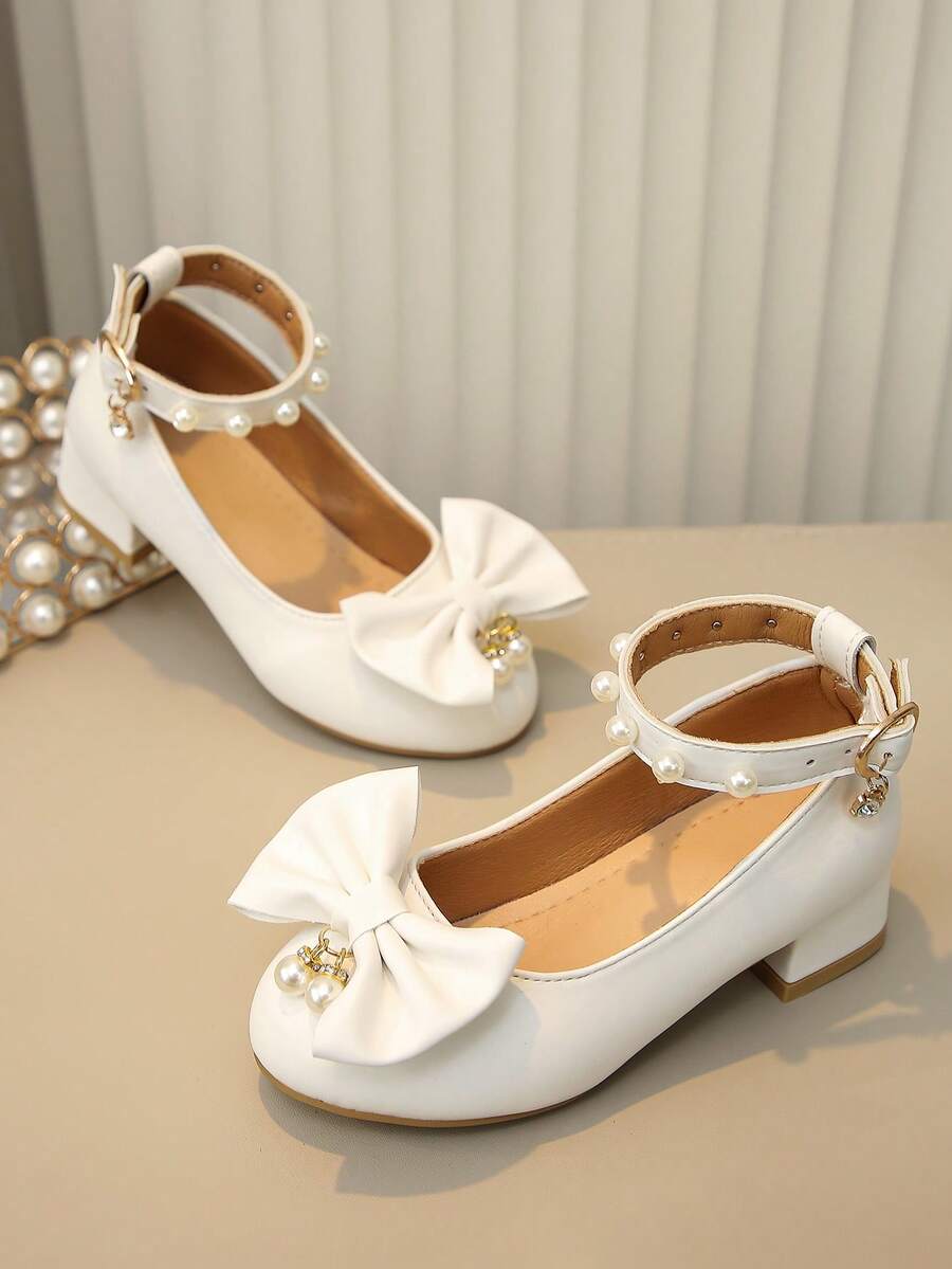 2026 New Girls' High Heel Shoes, Pearl And Bow Decoration, Polyurethane Material, Low-Top Buckle Strap, Thick Sole Princess Shoes. Suitable For Performance, Banquet, Show And Various Daily Occasions. - Beige - View 1