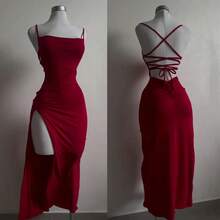 Vestido largo sexi con espalda descubierta y cordones para mujer, vestidos de noche ajustados sin mangas con abertura para fiesta y discoteca, batas con tirantes para mujer de calle alta - Negro - Ver 2