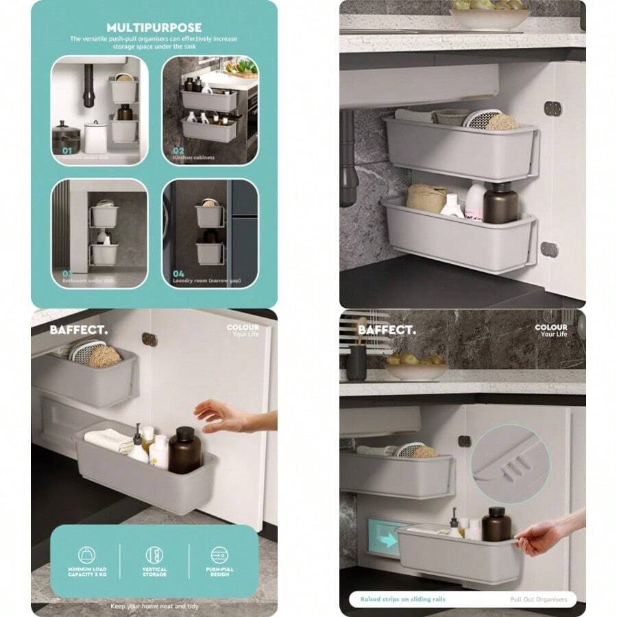 Baffect - 2 organizadores para debajo del fregadero, organizador de armario extraíble de plástico, cajones de almacenamiento deslizantes para cocina, baño o debajo del fregadero gris - Gris - Ver 1