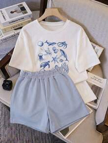 Conjunto set 2 piezas dama Camisa con estampado peses fauna marina & Short con sintura elastica ultra comodo liguero fresco ideal estilo casual vacaciones diario dulce - Celeste - Ver 1