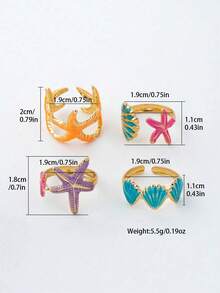 Bộ 4 chiếc nhẫn phong cách Bohemian lấy cảm hứng từ vỏ sò và sao biển, thích hợp cho kỳ nghỉ biển. - Vàng - Xem 4