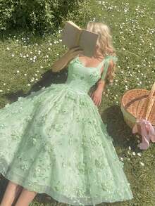 Vestido midi de fiesta con cintura fruncida y decoración floral elegante para mujer - verde menta - Ver 1