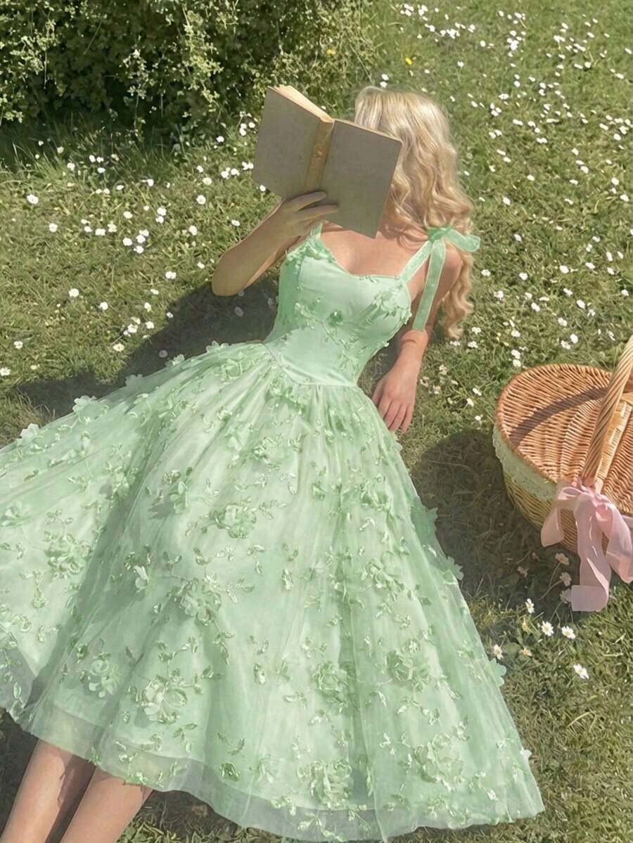 Vestido midi de fiesta con cintura fruncida y decoración floral elegante para mujer - verde menta - Ver 1