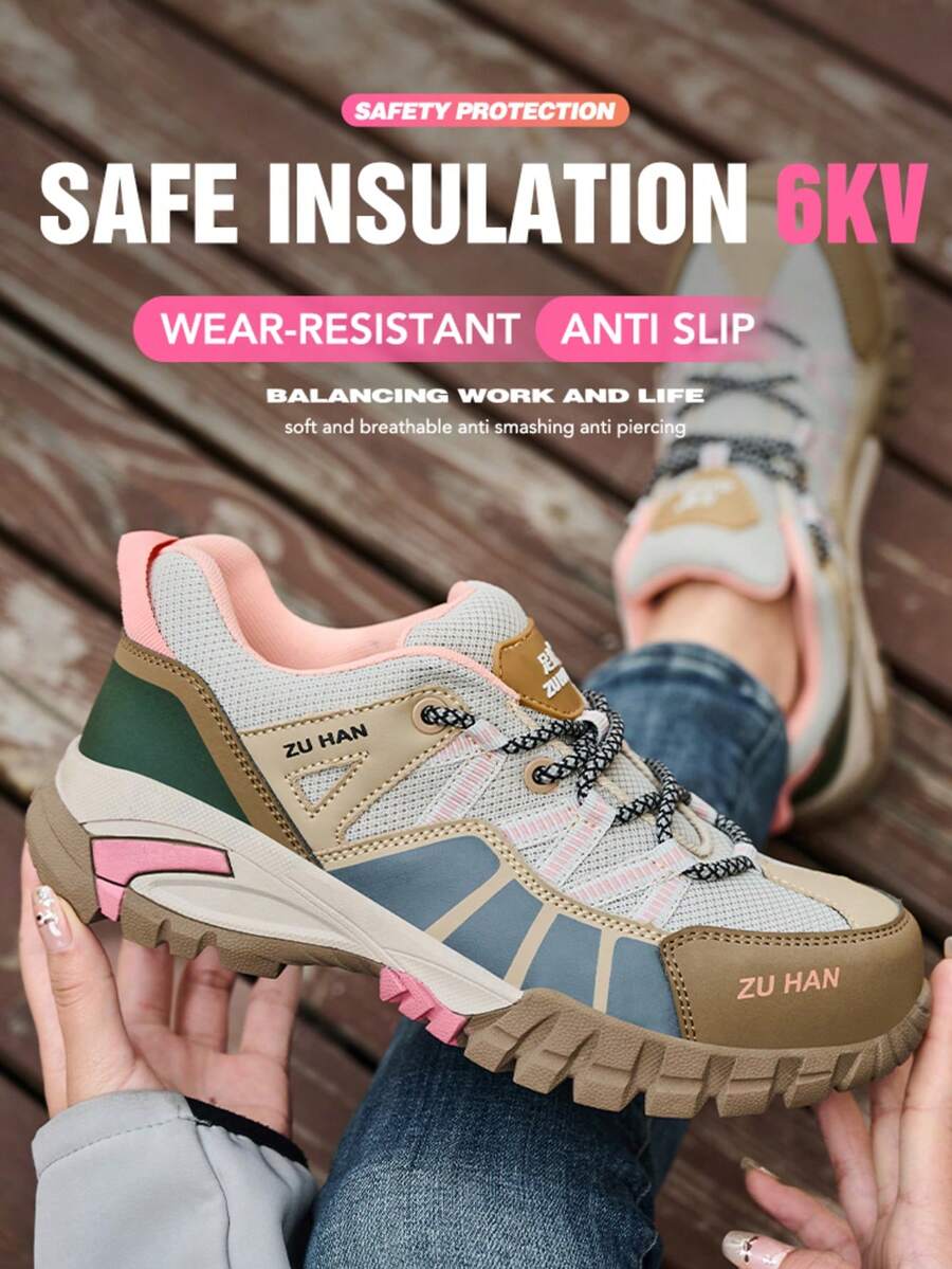 Women's Work Safety Shoes With Plastic Steel Toe, Kevlar Anti-Smash Anti-Puncture Insulated Soft Air Cushion Sole Lightweight Breathable Upper Safety Shoes - Pink - View 1