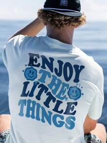 Camiseta casual de cuello redondo y manga corta para hombre, con estampado de lema y letras, adecuada para vacaciones en la playa y uso diario, verano - Azul y blanco - Ver 5