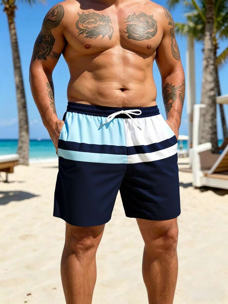 大碼高個男士復古條紋拼色沙灘短褲 透氣側口袋泳褲