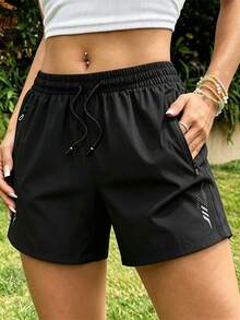 Women's Summer Bestselling Sports Shorts With Pockets And Drawstring Waist: Quick-Dry, Stretchy, Breathable, Suitable For Casual, Running And Workout Wear Black - Black - View 8