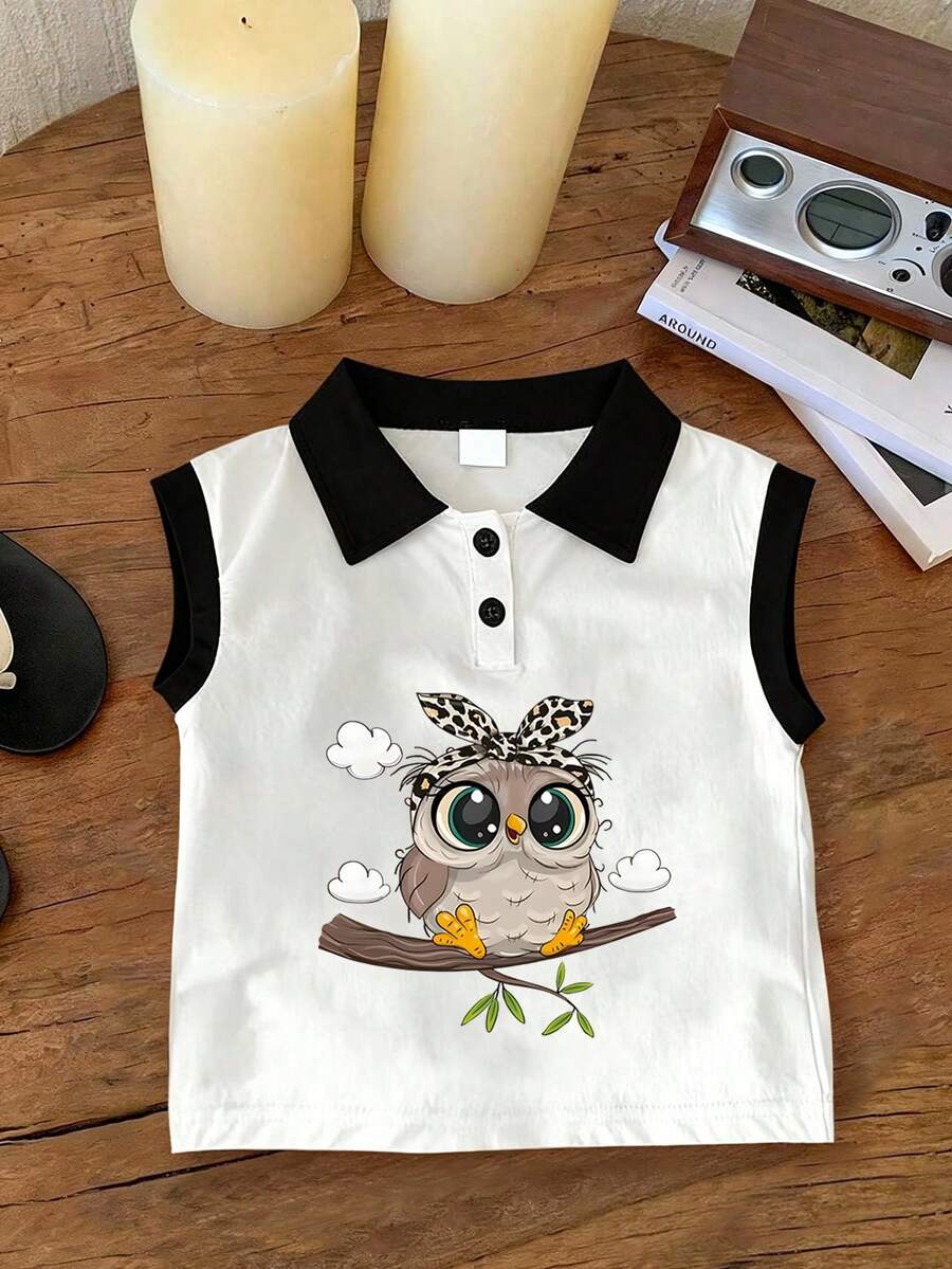 Girls' Casual Cute Rainbow & Ditsy Floral Polo Collar Tank Top, New Spring/Summer Style Girls' Tank Top - White - View 1
