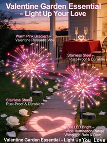 Valentine's Day Solar Lamp / Outdoor LED Lamp - Colorful Sparkling Garden Lamp, Elegant Fireworks Design, Romantic Outdoor Decorative Lawn Lamp, Stainless Steel Waterproof Material, Suitable For Gardens, Patios, Porches, Weddings, Parties, Gifts - Multicolor - View 2