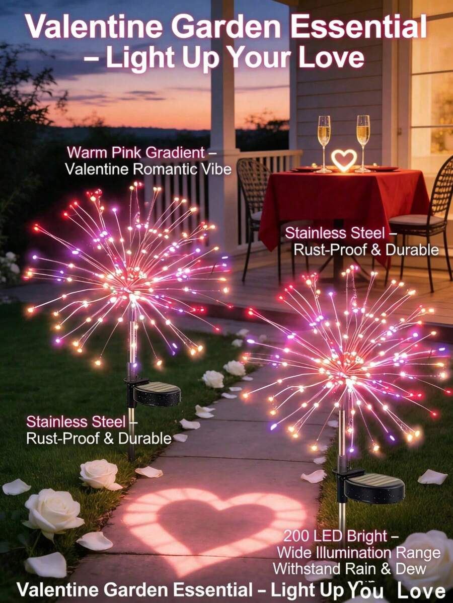 Valentine's Day Solar Lamp / Outdoor LED Lamp - Colorful Sparkling Garden Lamp, Elegant Fireworks Design, Romantic Outdoor Decorative Lawn Lamp, Stainless Steel Waterproof Material, Suitable For Gardens, Patios, Porches, Weddings, Parties, Gifts