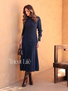 Women's Midi Dress In Mousse Knit, Long Sleeves With Braided Detail, Fitted Waist, Elegant, Winter, Premium, Casual, Party, Work, Travel - 藏蓝色 - 查看 9