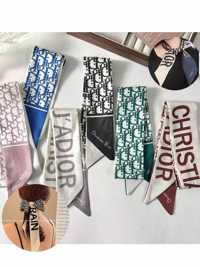 M.Dior Women's Silk Scarf Headband, Retro Letter Print Skinny Narrow Scarf, Multi-Purpose Headband Handbag Decoration Strap, Elegant Fashion Hair Accessory, Suitable For Daily Wear, Party, Travel, Wedding, Holiday Gift, Party Favor