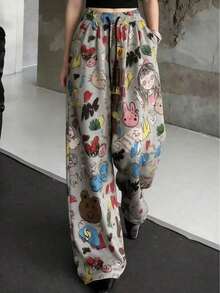 Pantalones anchos de mujer con estampado de dibujos animados, pantalones casuales sueltos de primavera - Gris - Ver 2
