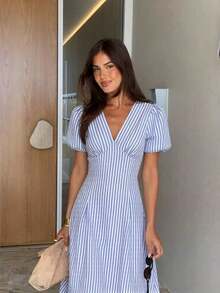 Vestido midi de mujer con mangas de pétalos a rayas - Amarillo - Ver 8