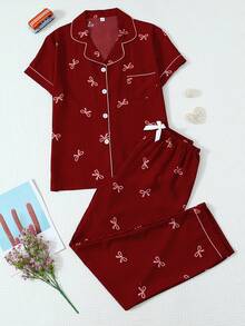 2pcs Comfortable Striped Bow Print Short Sleeve Top And Bow Tie Pants Women Pajama Set, Loungewear - Red - View 1
