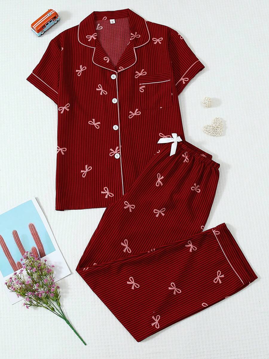 2pcs Comfortable Striped Bow Print Short Sleeve Top And Bow Tie Pants Women Pajama Set, Loungewear - Red - View 1