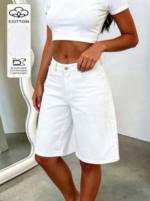 Classic Casual Boyfriend Style Denim Knee Length Shorts For Men, With Pockets, Buttons And Zipper, Straight Leg, Non-Stretch Fabric Summer - Blanco - Ver 7