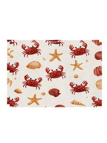 2/4/6pcs Multicolor Fish Shaped Placemats, Red Crab Shell Ocean Theme Placemats In Beige And Green, Coastal Crab, Starfish, Shell Design Lobster Party Holiday Decor Placemats - Beige - View 12