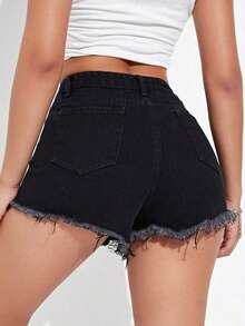 Shorts en mezclilla de talle alto desgarro ribete crudo - Negro - Ver 2