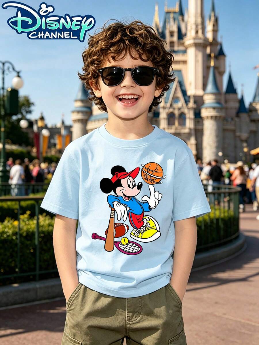 Disney Mickey Mouse Playing Sports Printed Patterns Suitable For Boys And Girls T Shirts Childrens Clothing Design Casual And Versatile Short Sleeve Style Comfortable Casual Wear For The Whole Year Ideal For Parties And Play Machine Washable Kids Clothing Gifts Boys Short Sleeves - Baby Blue - View 1