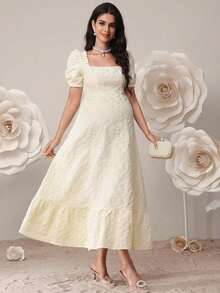Vestido elegante de maternidad con cuello cuadrado, mangas abullonadas y estampado floral jacquard - Albaricoque - Ver 6