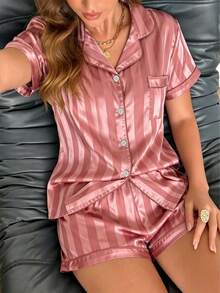 2pcs/Set Women's Spring/Summer Satin Striped Pajama Set, Short Sleeve Top And Bow Shorts - Red - View 1