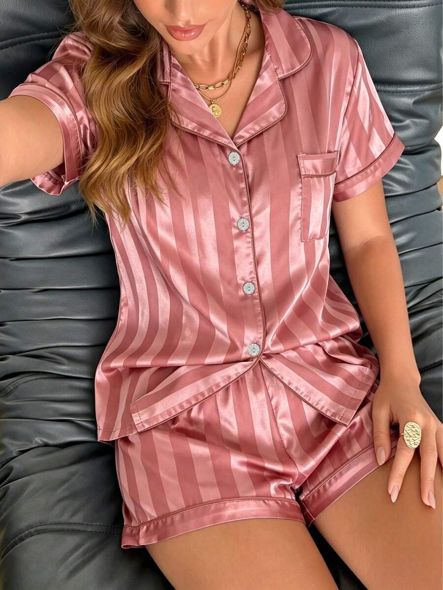 2pcs/Set Women's Spring/Summer Satin Striped Pajama Set, Short Sleeve Top And Bow Shorts - Red - View 1