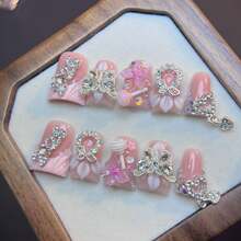 10pcs Duck Press On Nails Handmade Acrylic Nails Press Ons 3D Luxury Rhinestone Butterfly Designs Muti-Layer Gel Medium False Nails Full Cover Thicken Stick On Nails For Women Nail Art DIY - Móng tay hình vịt thủ công 52 - Xem 1
