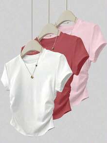 Set de 3 piezas de tops para mujer para exteriores, en color champán, marrón moca y negro, nuevas llegadas de verano, camiseta ajustada con pliegues, de moda y versátil, con estilo callejero fotogénico, imprescindible, de vuelta al colegio, que lla - Multicolor 14 - Ver 1