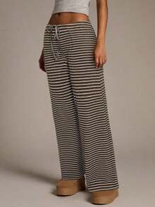 Pantalones de pierna ancha con estampado de rayas y nudo a la cintura de baja altura para mujer, pantalones de verano para mujer, conjunto de verano para mujer, ropa de playa para mujer, pantalones casuales para mujer, pantalones a rayas para mujer, pantalones con cordón, conjunto de verano para mujer - Caqui - Ver 2