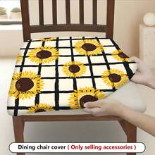 2/4/6pcs Sunflower Plaid Pattern Stretch Seat Cushion Covers, Suitable For Home Decor, Living Room, Dining Room, Garden, Hotel, Party Events, Washable Polyester Material Dining Chair Seat Covers - Multicolor - View 2