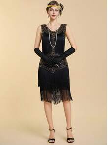 1920s European Vintage Style Sequin Fringe Sleeveless Dress Wedding Party - Gold - View 6