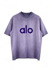 Alo Yoga American Retro Distressed Washed Short-Sleeve Loose T-Shirt, Casual And Slimming Unisex Top - Grey - View 11