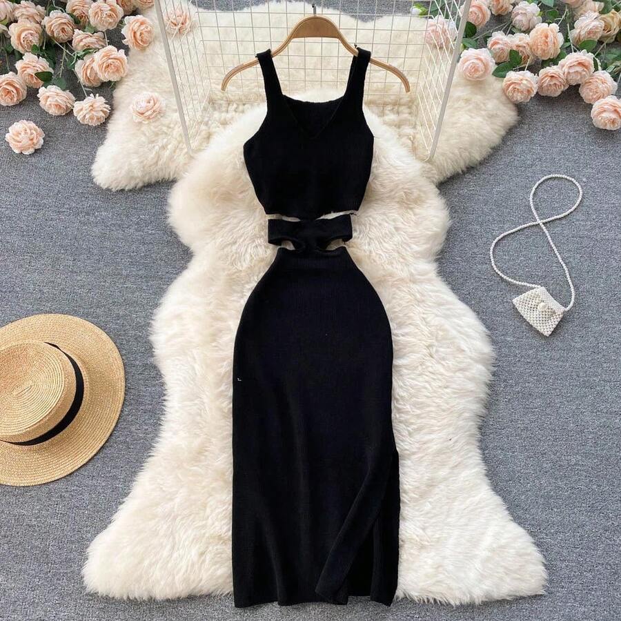 YuooMuoo vestido de mujer Sexy recortado paquete de cintura caderas vestido ceñido dividido moda de verano señora Vestidos de fiesta de punto vestido veraniego - Negro - Ver 1
