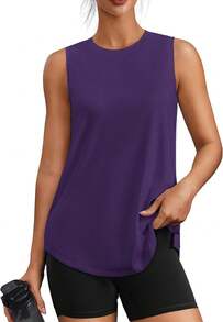 PINSPARK Workout Tops For Women Sleeveless Athletic Tank Tops UPF 50+ Running Tanks With Side Slits Loose Fit Gym Yoga Shirt - 深紫色 - 查看 8