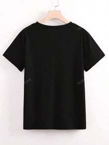 Women's Short-Sleeved T-Shirt With A Round Neck, Loose Fit, Casual And Versatile. Featuring A Modern, Elegant And Sophisticated Print Of Simple Letters, Ideal As A Basic Garment; Made From Soft Fabric With Excellent Drape - 黑色 - 查看 4
