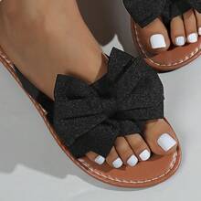 Breezelady Women's Black Bow Slide Sandals – Featuring A Voluminous, Textured Fabric Bow For A Sweet, Eye-Catching Look, These Sandals Have A Soft, Supportive Footbed And A Lightweight, Durable Design. Ideal For Casual Outings, Brunch Dates, Or Weekend Errands, They Pair Perfectly With Denim Shorts, Sundresses, Or Cropped Jeans For A Cozy, Charming Summer Vibe. - Pure Black - View 5