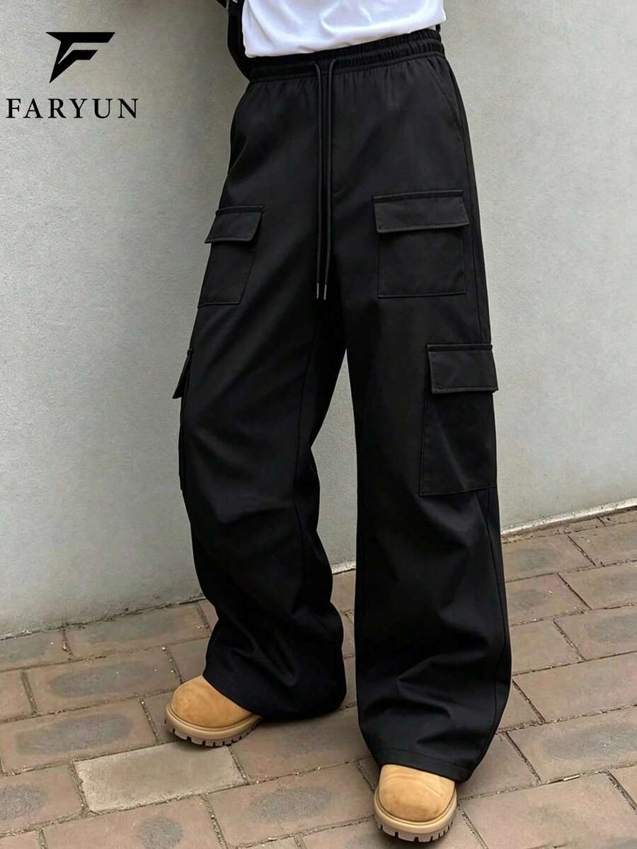 Pantalones cargo holgados y de pierna ancha con múltiples bolsillos funcionales para hombre, estilo casual de calle - Negro - Ver 1
