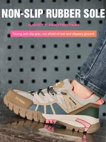 Women's Work Safety Shoes With Plastic Steel Toe, Kevlar Anti-Smash Anti-Puncture Insulated Soft Air Cushion Sole Lightweight Breathable Upper Safety Shoes - Pink - View 10
