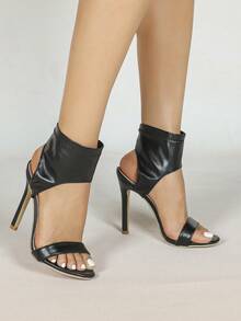 Plus Size Elegant Sandals - Solid Color Sexy Exposed Toe Strap Thin Heel Hollow Round Toe Women Sandal Boots - Black - View 5