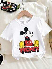 Disney Licensed Mickey Mouse "MICKEY" Bold Print Kids' T-Shirt, Cute Cartoon Casual Tee, Perfect For Daily Wear, School Activities, Family Outings And Theme Park Trips, Shipped From Local Warehouse - trắng - Xem 3