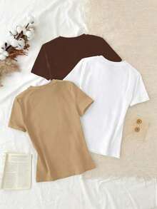 Conjunto de 3 piezas de camisetas de manga larga de ajuste ceñido con cuello redondo, estilo minimalista casual, 95% algodón, para mujer - Multicolor 10 - Ver 2