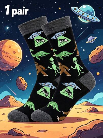 1 Pair Men's Funny Alien & UFO Print Mid-Calf Socks, Novelty Space & Extraterrestrial Pattern Socks, Great Gifts For Men/Boyfriend, Unisex Size, Ideal Birthday & Small Presents