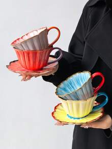 1 Set Colorful Hand-Painted Floral Ceramic Coffee Mug, Nordic Style Creative Lady's Household Mug, Large Capacity High-Quality Coffee Cup, Hand-Painted & Floral Design, Ideal Gift Choice, Birthday Surprise, Dishwasher - Multicolor - View 7