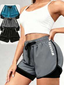 Women's Summer Athletic Shorts, 2 In 1 Running & Fitness Pants, & , Drawstring Waist, Printed, | Adjustable Drawstring Waistband | Sports - Grey - View 7