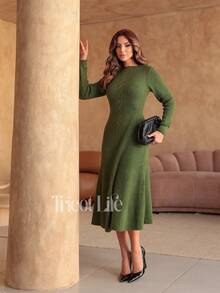 Women's Midi Dress In Mousse Knit, Long Sleeves With Braided Detail, Fitted Waist, Elegant, Winter, Premium, Casual, Party, Work, Travel - 軍綠色 - 查看 6