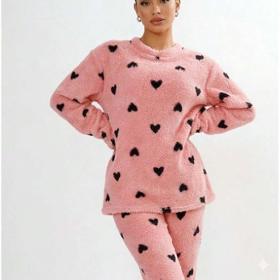Women's Long Plush Printed Winter Pajama Set - Long-Sleeved Top And Pants - Warm And Soft - 粉紅色的心 - 查看 1